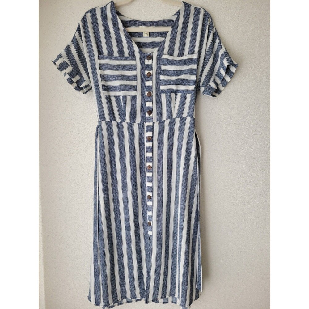 Monteau Los Angeles Striped Midi Dress Women's Medium Blue White Button Front